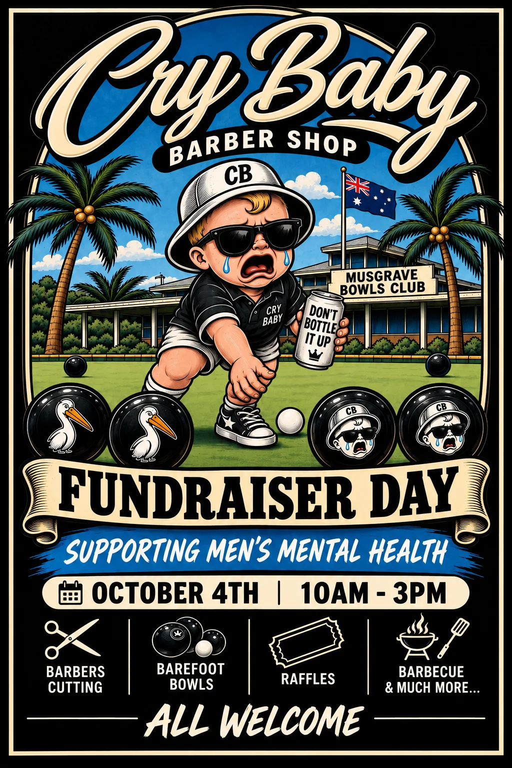 Cry Baby fundraiser poster: a crying baby playing barefoot bowls at Musgrave Bowls Club. Event details are listed alongside.